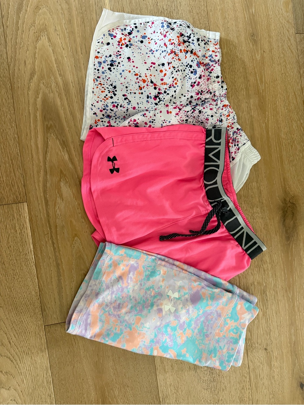 Under Armour White Shorts with Pink and Orange Speckle Print
